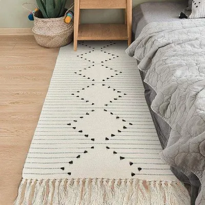 Produktbild von Unyqoos® handgewebter Baumwollteppich – weißer Boho-Läufer 60 x 130 cm, waschbar, mit Quasten für Schlafzimmer, Wohnzimmer und Küche