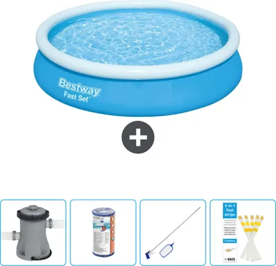 Produktbild von Bestway runder aufblasbarer Fast-Set-Schwimmpool – 366 x 76 cm – Blau – inklusive Pumpe Filter - Reinigungskit - Teststreifen