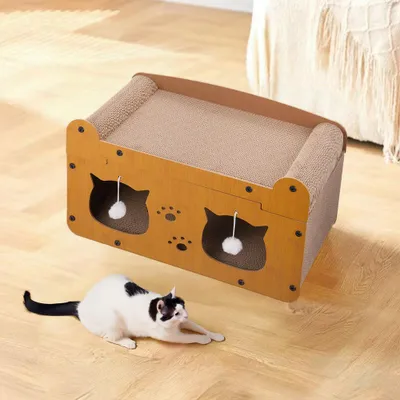 Produktbild von Livingandhome Katzenhaus mit Kratzbrett & Spielzeug, aus Wellpappe & MDF, 56x34x32cm, Doppelschichtig