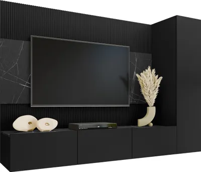 Produktbild von MIRJAN24 Wohnwand Deromi VI, Wohnzimmer Möbel Set, Griffloses Öffnungssystem push to open, 3er-Set (Farbe: Schwarz / Schwarz + Schwarz Marmor)
