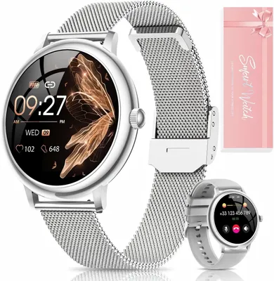 A smartwatch with a silver mesh band and a pink gift box in the background.