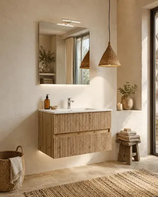 Immagine prodotto di Mobile bagno 100x46 Panama cannettato rovere naturale con lavabo e specchio