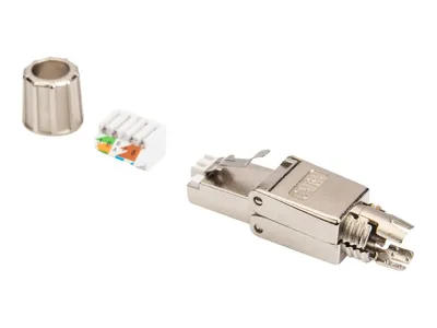 Zdjęcie produktu dla Digitus Wtyk modularny RJ45 kat.6A, PoE++, 10GbE, STP, ekranowany, zakręcany, beznarzędziowy, AWG 26-22, RJ45, Stal nierdzewna, Nikiel, Cynk, Cat6a, 26/22, Nikiel/Złoto