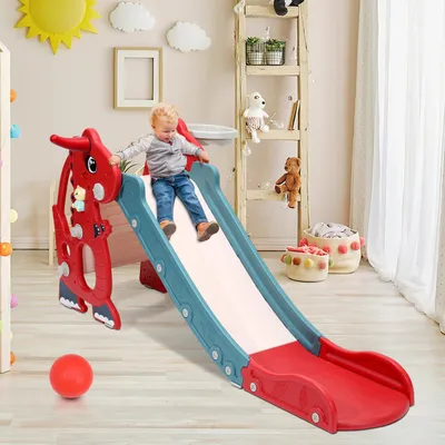 Produktbild von Faziango Kinderrutsche 4-in-1 Klappbar Gartenrutsche Spielplatz mit Basketballkorb und Wurfring Englisch-Lerngerät Rot