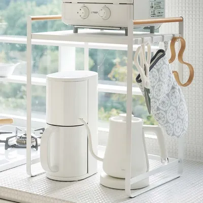 Zdjęcie produktu dla Yamazaki Home Półka kuchenna Organizer kuchenny Półka 36x47cm biały metal z drewnianymi uchwytami Tosca 03613