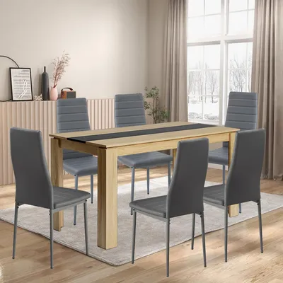 Produktbild von Essgruppe 6 Stühle Kunstleder Dunkelgrau Rechtecktisch Eiche 140x70x75cm