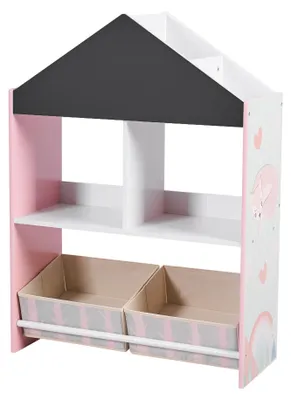 Imagen del producto de Estantería rosa para juguetes, con 6 estantes, 2 compartimentos y una pequeña pizarra. Es de construcción robusta