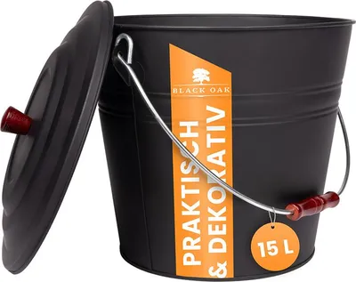 Produktbild von BLACK OAK Asche-Kübel Katla 15 L schwarz – Aschebehälter mit Deckel & Henkel für Kaminofen & Grill – Kaminzubehör Metallbehälter robust