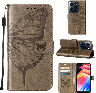 Produktbild von Lederhülle für Infinix Note 30 5G Schmetterling Prägung Flip Ledertasche Kartenfächer Handyhülle mit Ständer Grau