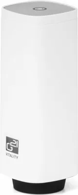 A white cylindrical product with a gray top and a black base, featuring a logo on the lower front.