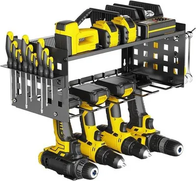 Image de Étagère d'atelier électrique - Noire - Étagère de rangement pour outils - 4 porte-forets - Étagère murale pour garage, maison et atelier