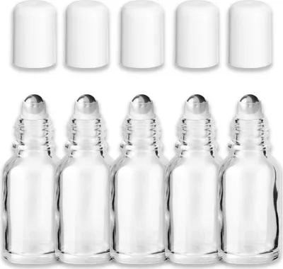 Produktbild von 5x Klare Glasflasche 15 ml Roll-on mit weißem Schraubverschluss 18 mm