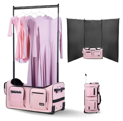 Produktbild von VEVOR Tanztasche mit Kleiderständer, 736,6 mm rollende Tanz-Duffel, mit Rädern, USB-Anschluss, höhenverstellbarer Kleiderständer, Sichtschutzvorhang, ideal für Reisen und Wettbewerbe, mattes Pink, 73x43x38 cm