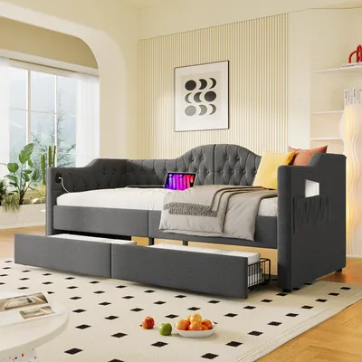 Image de OKWISH Lit Gigogne 90x190 cm - 2 Ports USB et 2 Tiroirs - Gris