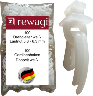 Produktbild von rewagi 100 Drehgleiter PIR weiß & 100 Gardinenhaken doppelt weiß, für Gardinenschiene, Überklipshaken,  Faltenlegehaken. Laufnut 5,8 – 6,3 mm