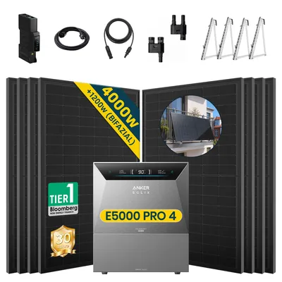 Produktbild von ALLDREI Balkonkraftwerke mit Speicher Anker Solix Solarbank 4 E5000 Pro & BP2700x1,Komplettset mit 8x500W Bifazialer Solarpanel & Smart Meter Gen 2