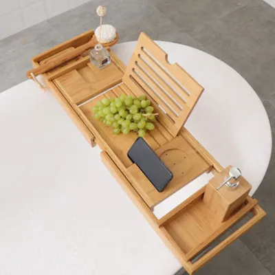 Produktbild von Decopatent Badregal - Ausziehbar 75 bis 110 cm - Mit Buchhalter / Tablet-Halter - Bambusholz-Badbrett - Luxury Bath Board