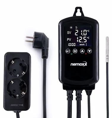 Image de Thermostat à prise NEMAXX® NTP16 230 V (3000 W/16 A) avec sonde NTC 2 m, mode chauffage/refroidissement, programme hebdomadaire, 2 prises