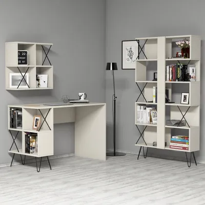 Zdjęcie produktu dla Skye Decor, Extra 2 - Cream, biurko i regał na książki, kremowy, płyty wiórowe pokryte w 100% melaminą, 120 x 60 x 78,8 cm