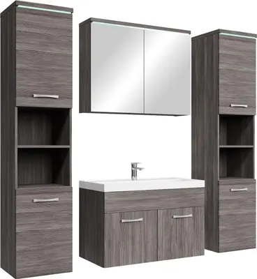 Produktbild von Badplaats Badmöbel Komplettset Paso XL LED 80 x 40 cm Grau Eiche - Badezimmermöbel mit Waschbecken, Spiegelschrank und 2 Badezimmerschränke