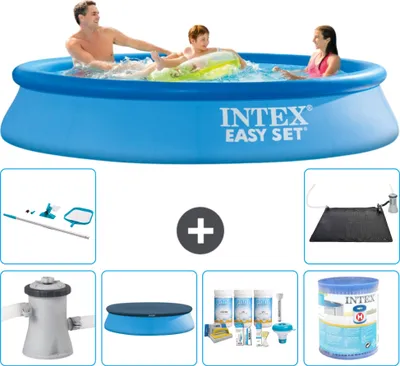Produktbild von Intex runder aufblasbarer Easy Set-Schwimmpool – 305 x 61 cm – Blau – inklusive Pumpe Abdeckung - Wartungspaket - Filter - Reinigungskit - Solarmatte