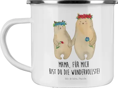 Produktbild von Mr. & Mrs. Panda Haferl Bären mit Blumenkranz - Weiß - Geschenk, Muttertag, Kaffeepott, Familie, becher emaille, Pott, Teetasse, Lieblingsmensch, Mama, Tasse, Kinder