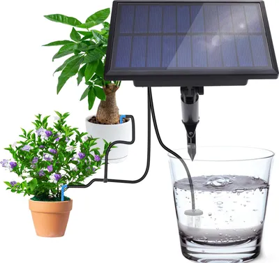 Obrázek produktu pro Solární kapková zavlažovací sada pro 10 rostlin v květináčích se 6 režimy časovače 400 ml/min průtok 33ft hadice Automatické zavlažovací zařízení pro rostliny s vloženým kolíkem