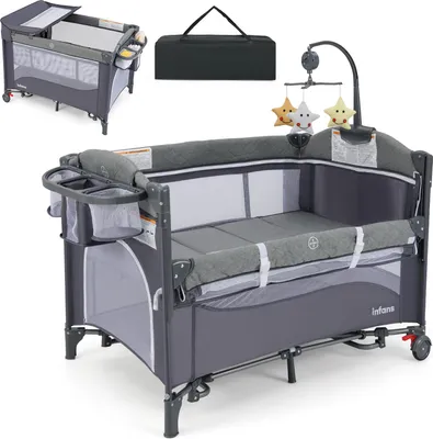 Produktbild von GOPLUS 5 in 1 Kinderreisebett, höhenverstellbares Babybett mit abnehmbarem Wickeltisch, Aufbewahrungskorb & Spielzeug, Blau