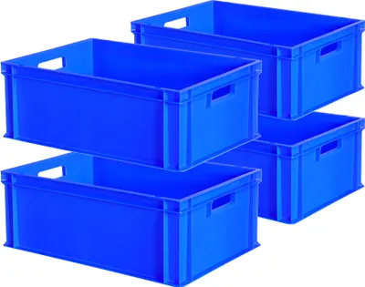 Four blue plastic storage crates are stacked and arranged in a way that shows their dimensions and handles.