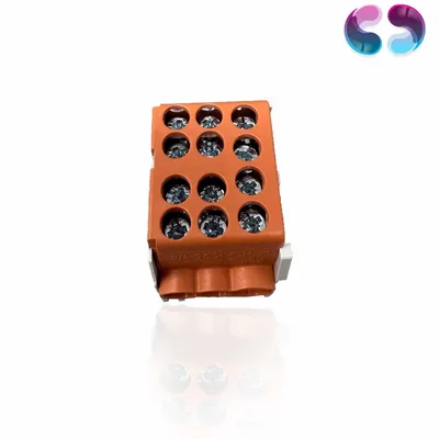 A product shot of an electrical connector with a white background and a reflection.