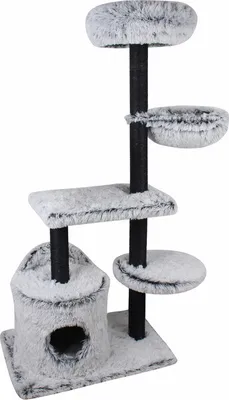 A cat tree with multiple levels and a hideaway.