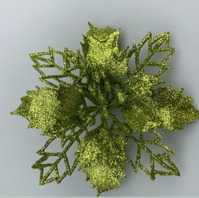 Produktbild von 12 Stück Glitzer Weihnachtsbaum Dekoration, Weihnachtsbaumschmuck Ornament aus Kunststoff, Weihnachten Blumen Dekor, Christbaumanhänger, 9cm, Armeegrün, Kunststoff
