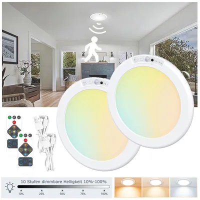 Image de Lampe de plafond rechargeable à panneau solaire avec détecteur de mouvement, télécommande, 3 couleurs, minuterie pour placard, escalier, couloir, garage, lot de 2
