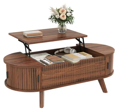 Image de Table basse ovale Moonbite avec plateau relevable, 110 cm, table de salon avec espace de rangement dissimulé et 2 portes coulissantes, façade rainurée, panneau en MDF, finition noyer