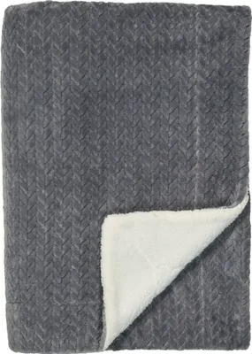 A folded dark gray fleece blanket with a white sherpa lining visible on one corner.