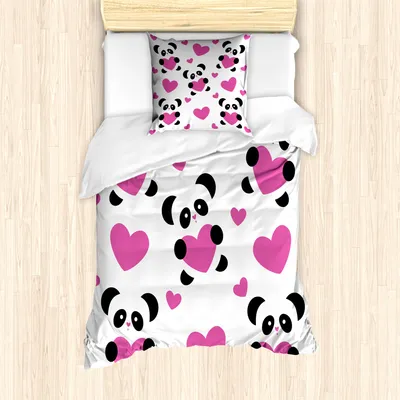 Produktbild von ABAKUHAUS Liebe Mantele, Love Pandas Herzen, Milbensicher Allergiker geeignet mit Kissenbezügen, 135 cm x 200 cm - 80 x 80 cm, Fuchsia Schwarz Weiß