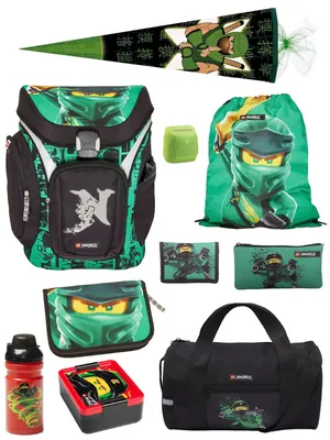 Produktbild von Lego Ninjago Schulranzen Set EXPLORER Golden Power 10-teilig mit Sporttasche, Lunch-Set und Ninja Schultüte 85cm; grüner Ninja Lloyd