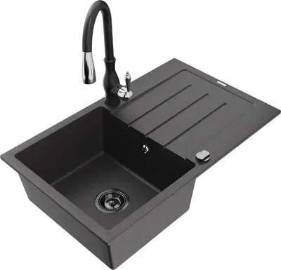 Produktbild von Mexen Bruno 1 Becken-Granitspüle mit Abtropffläche und Mischbatterie Savita, Schwarz gesprenkelt - 6513-76-672601-70-B