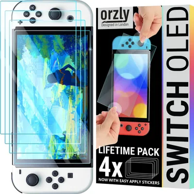 Zdjęcie produktu dla Orzly – folia ochronna z hartowanego szkła do ekranu Nintendo Switch OLED, model 2021, obejmująca krawędzie ekranu.