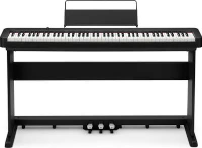A black digital piano on a stand with three pedals.