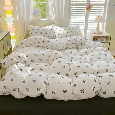 Produktbild von Bettwäsche Set 135x200 cm Weiß Schwarz Schleifenmuster Microfaser 2-teilig mit Reißverschluss