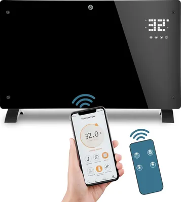 Produktbild von Ikodm Elektroheizung 2500W Schwarz Glasheizung mit WiFi App & Fernbedienung, 24h Timer, Thermostat, IP24, Wand- & Standmontage