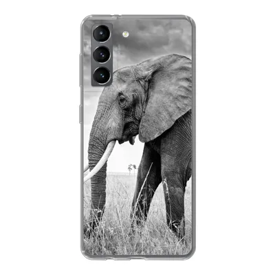 Produktbild von MuchoWow® Handyhülle Schutzhülle Hülle für Samsung Galaxy S21 Elefant - Gras - Tiere - Schwarz und weiß Silikon Softcase Handy Hülle - Softcase