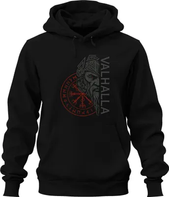 Obrázek produktu pro Valhalla Viking Norse Mythology Vegvisir Runes Odin Gift Uni mikina s kapucí, černá, XL
