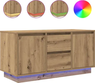 A wooden TV cabinet with LED lighting, shown with different color options for the lighting.