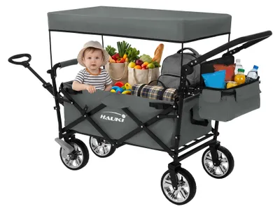 Produktbild von Hauki Bollerwagen faltbar mit Dach, Handwagen klappbar für Kinder, Strand, Picknick, Camping, Transportwagen XXL Blau-Grau, Gerätewagen mit Tasche