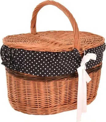 Produktbild von Picknickkorb mit Deckel 40 cm Einkaufskorb Weide mit Henkel & Stoffeinlage Natur Schwarz