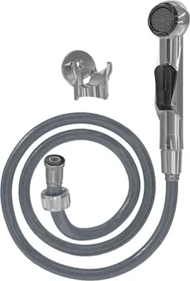 Produktbild von Chrom-Handbrause für Bidet, mit 120cm grauem Kunststoffschlauch, innerer Aktivierungsknopf | 4033-PLS