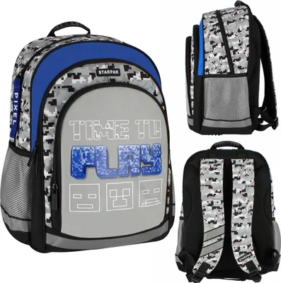 Produktbild von Grauer Pixel Schulrucksack für Jungen, geräumig 40x29x20cm, gepolstert