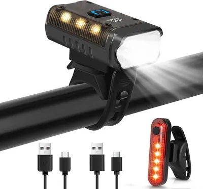 Immagine prodotto di Luci per bicicletta, con modalità di illuminazione estremamente luminose, fari LED ricaricabili tramite USB di tipo C per la parte anteriore